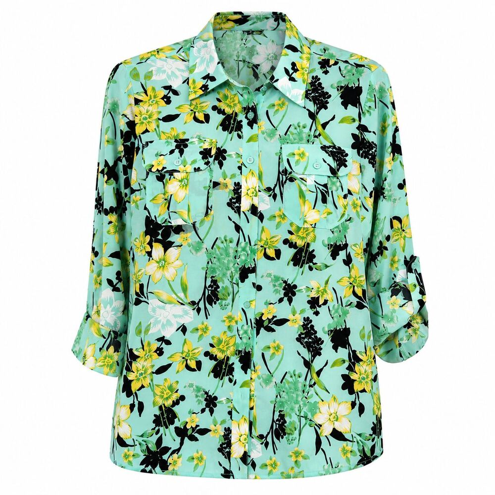 Elementz Women's Floral Button Front Blouse Mint Green Roll Tab Shirt size L